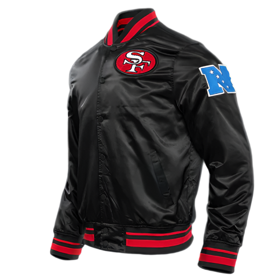 Shiny satin jacket with San Francisco 49ers logo in USA