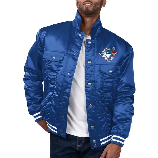 Man wearing a blue jacket with a logo on a white background in USA
