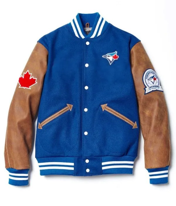 Blue and brown varsity jacket with a maple leaf and logo on a white background