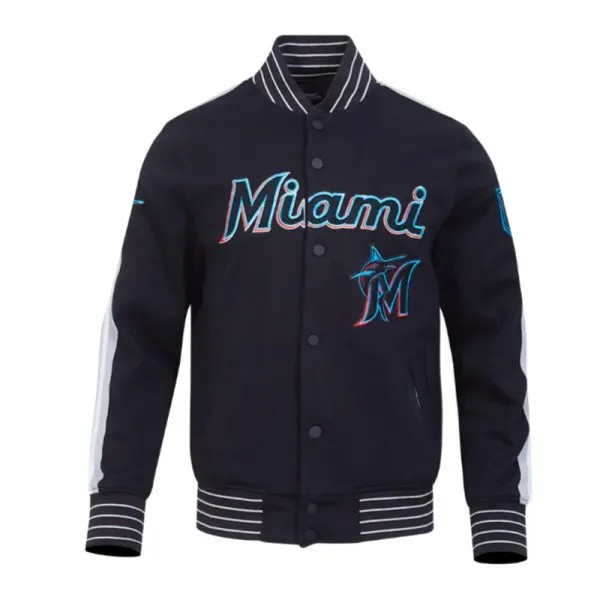 Miami Marlins black game day jacket with logo patches in USA