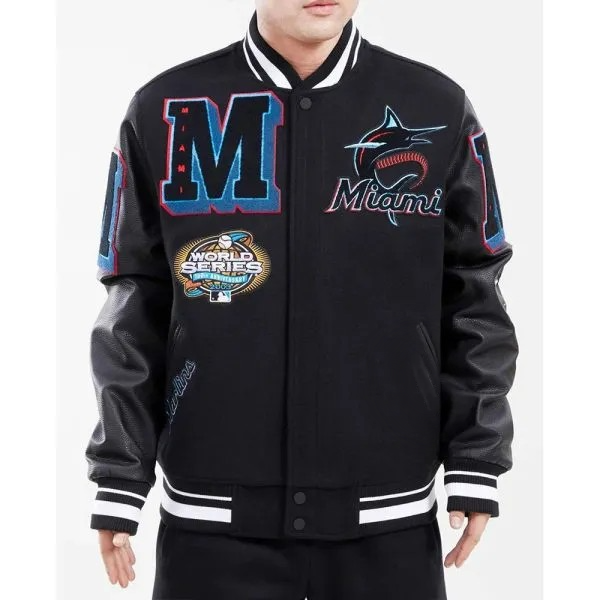 Miami Marlins mash up varsity jacket black leather sleeves in USA