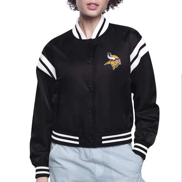 Minnesota Vikings varsity purple satin jacket front view

