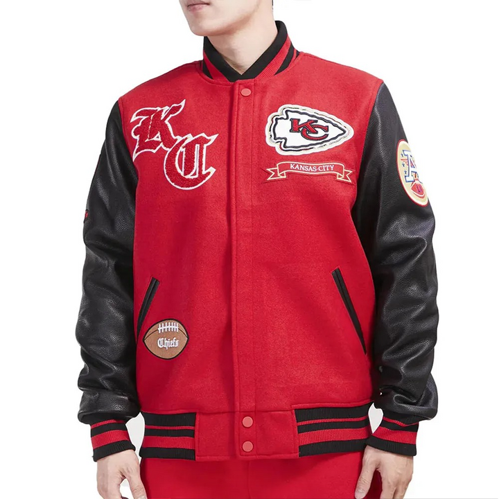 Kansas City Chiefs red and black varsity jacket front view

