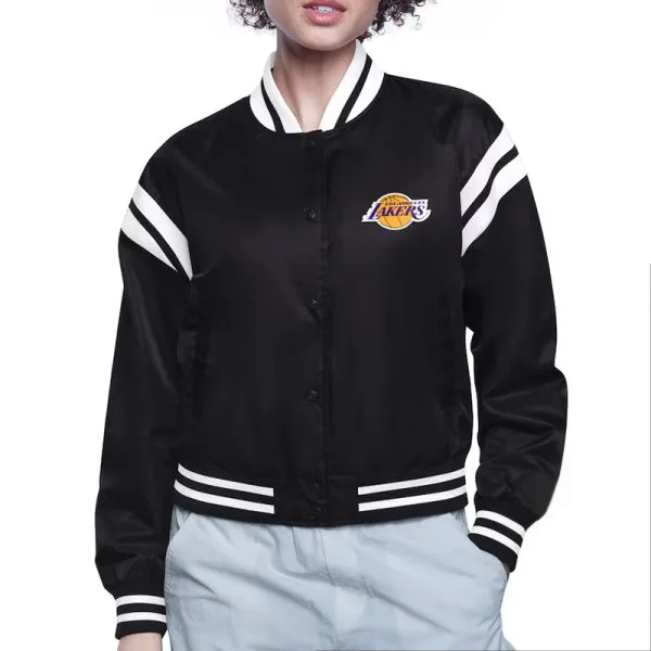 Shop LA Lakers Printed Logo Varsity Satin Jacket