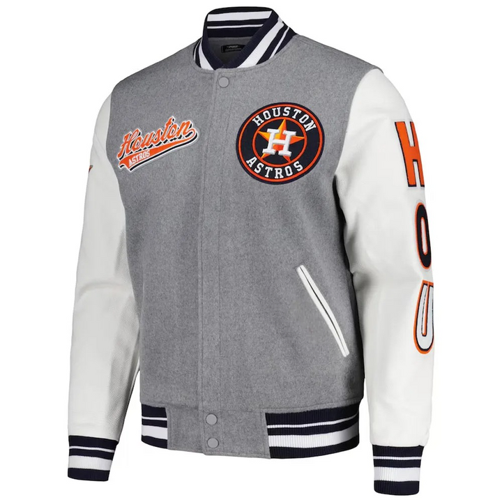 Gray and white varsity jacket with Houston Astros logo on a white background