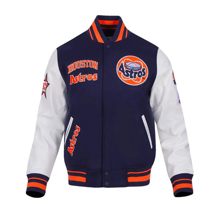 Navy and white jacket with Houston Astros logo on a white background