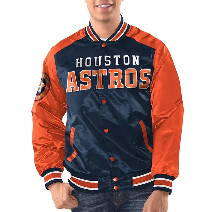 Houston Astros jacket worn by a person on a white background