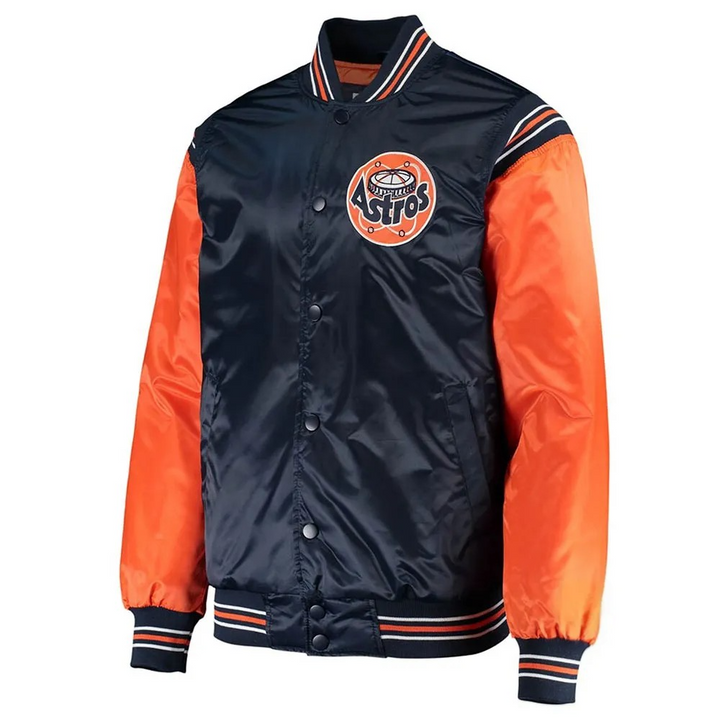 Navy and orange jacket with a logo on a white background