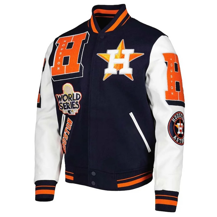 Houston Astros varsity jacket with team logos and colors on a white background