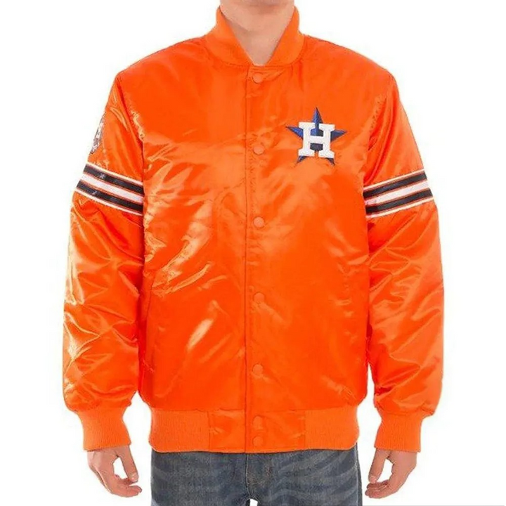 Orange satin jacket with a logo on a white background