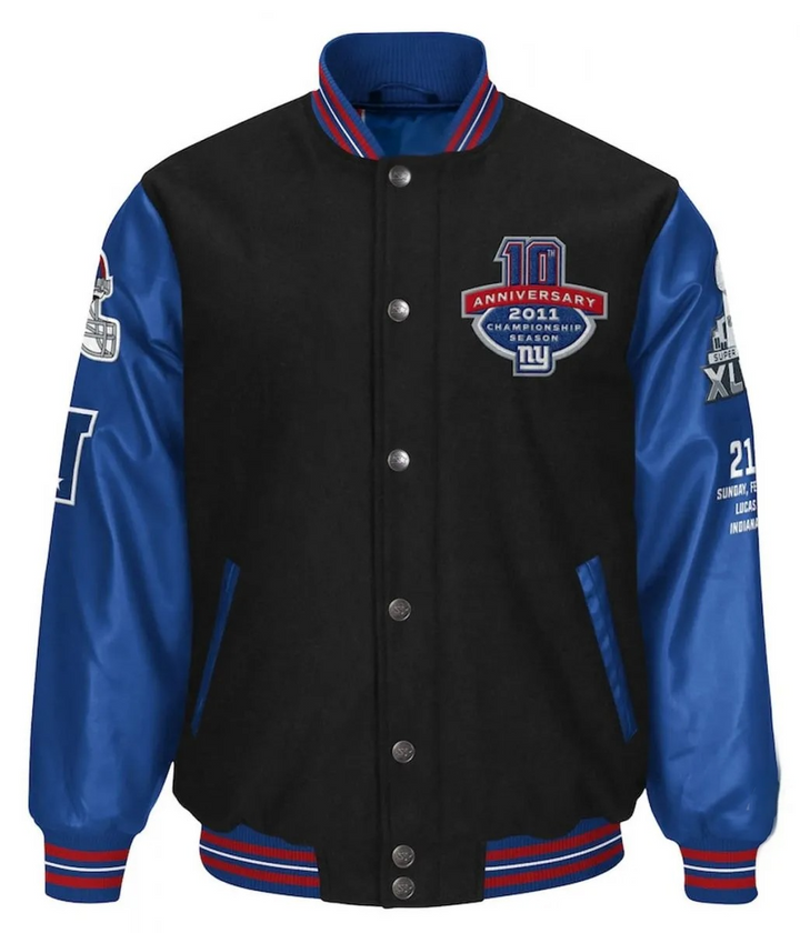 Black and blue varsity jacket with logos and text on a white background  in USA 