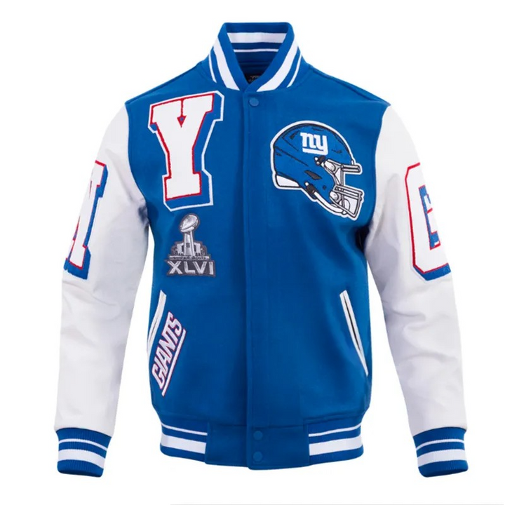 Blue and white varsity jacket with sports team logos on a white background in USA