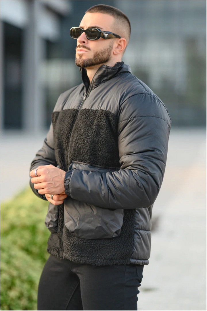 Warm black puffer jacket with sherpa collar in USA