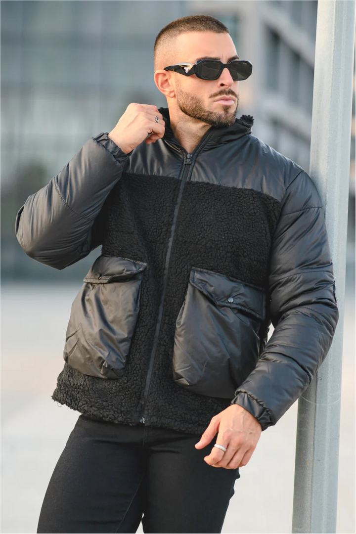 Insulated sherpa-lined black puffer coat in USA