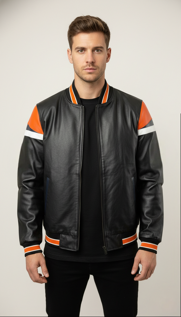 Men's Urban Racer Black Leather Bomber Jacket | Orange & White Striped Athletic Style