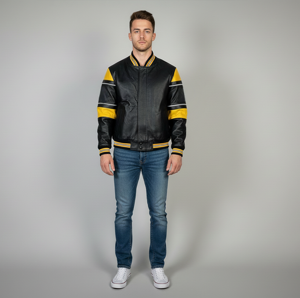 Men's Golden Streak Black Leather Bomber Jacket | Yellow & White Striped Athletic Style
