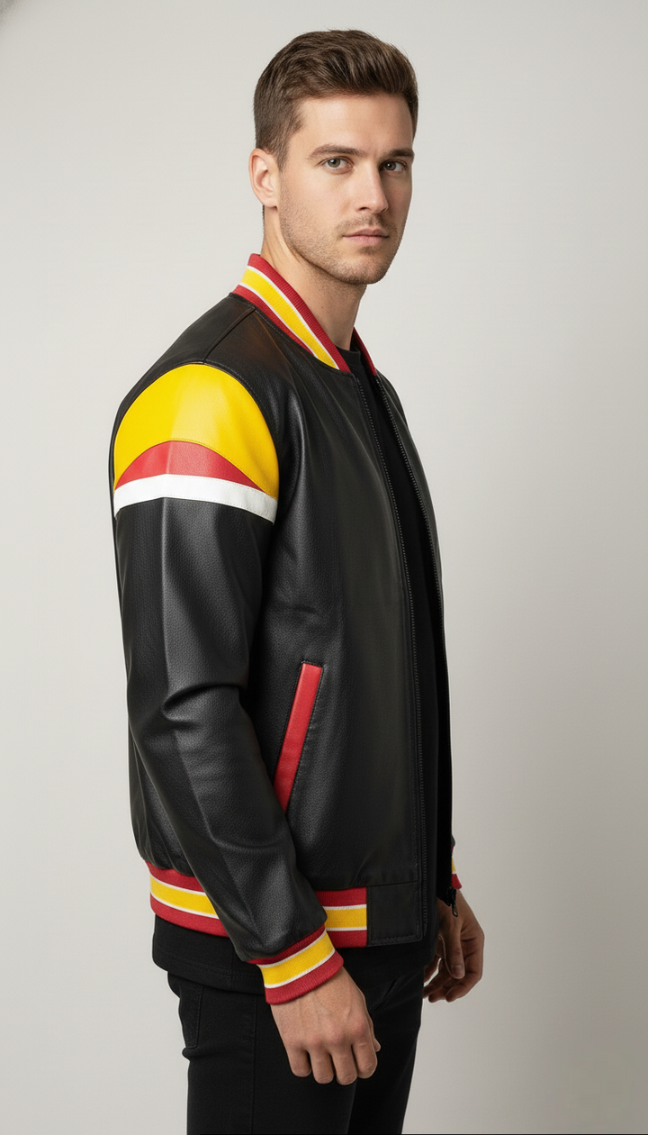 Man wearing a black leather jacket with colorful stripes on a gray background