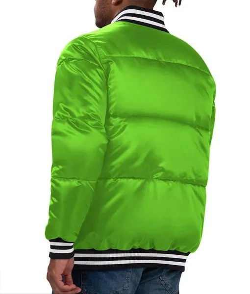 Satin green Packers puffer jacket with bold chest inscription in USA