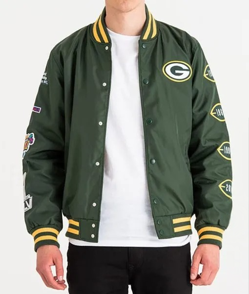 Green Bay Packers Champs patches satin jacket front view in USA