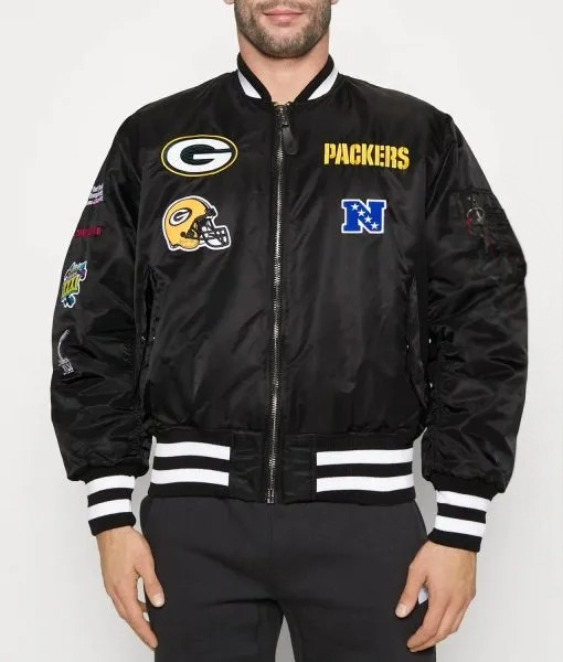 Green Bay Packers black MA-1 bomber jacket front view in USA
