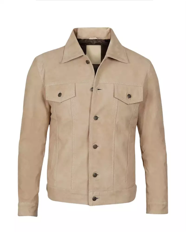 Classic men’s denim trucker jacket in camel tone