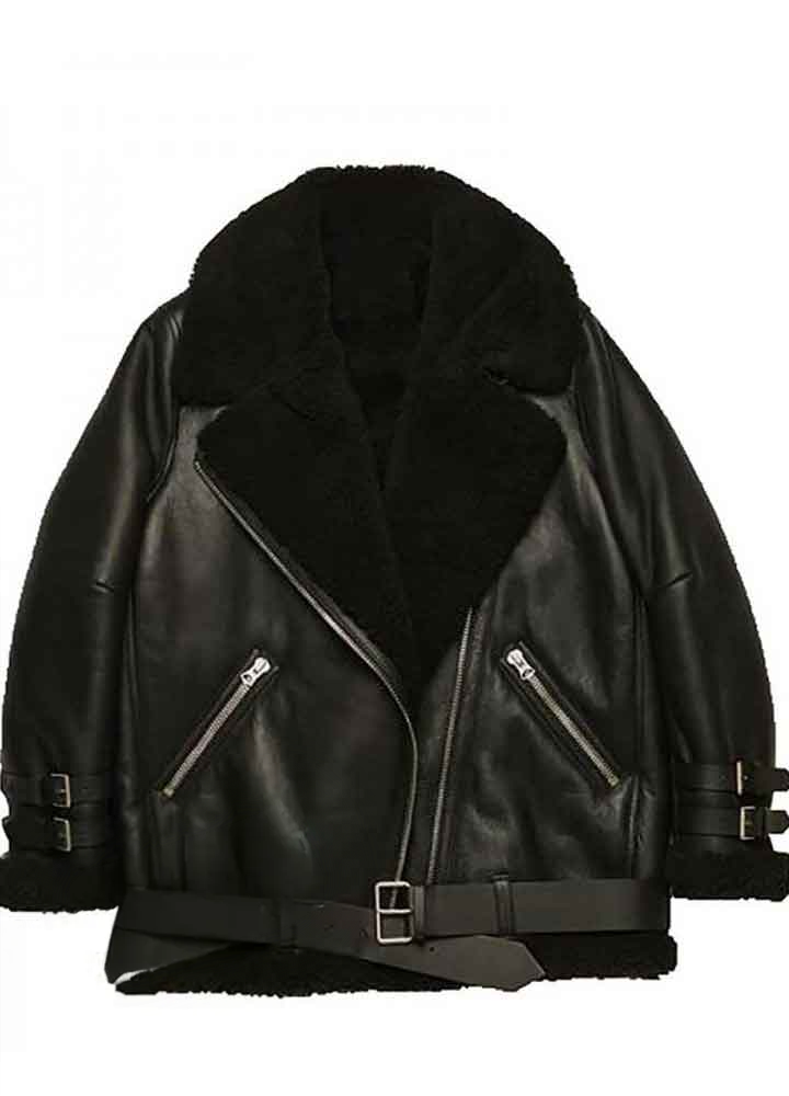 Black leather jacket with fur lining on a white background