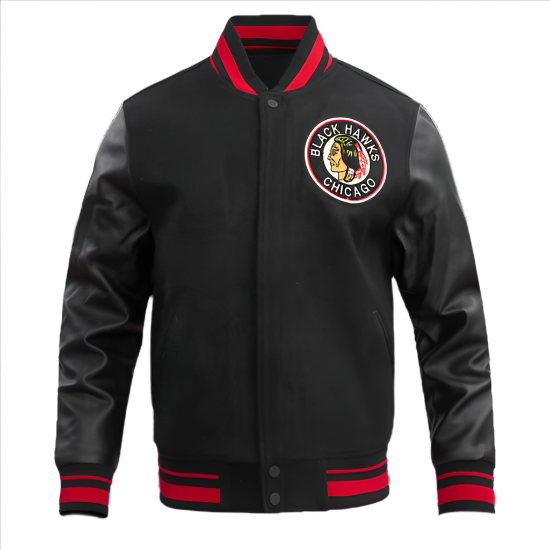 Men's Retro Chicago Blackhawks Wool Varsity Jacket with Ribbed Detailing