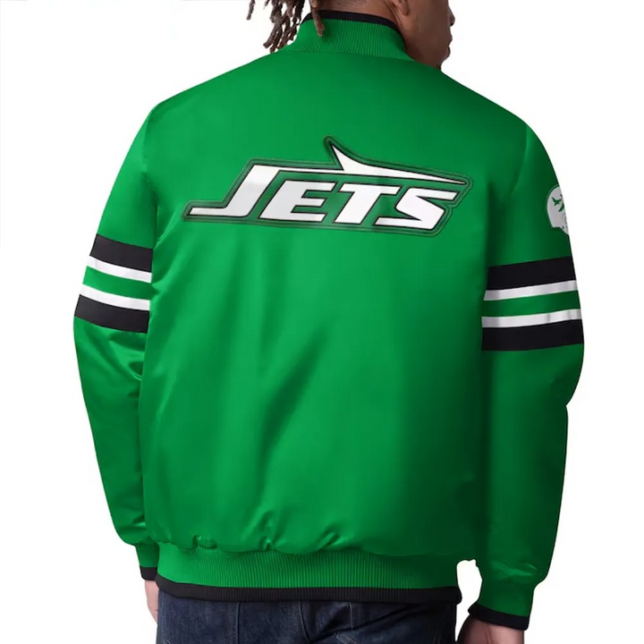Unisex green satin Jets jacket with striped sleeves

