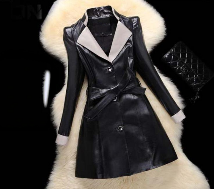Girls Leather Overcoat Winter Sheepskin Long Slim Black Jackets