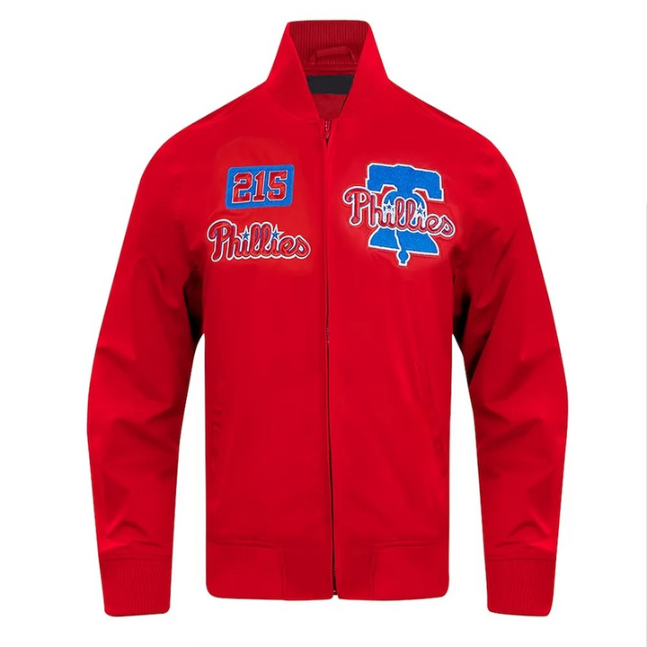 Red jacket with Phillies logos on a white background in USA