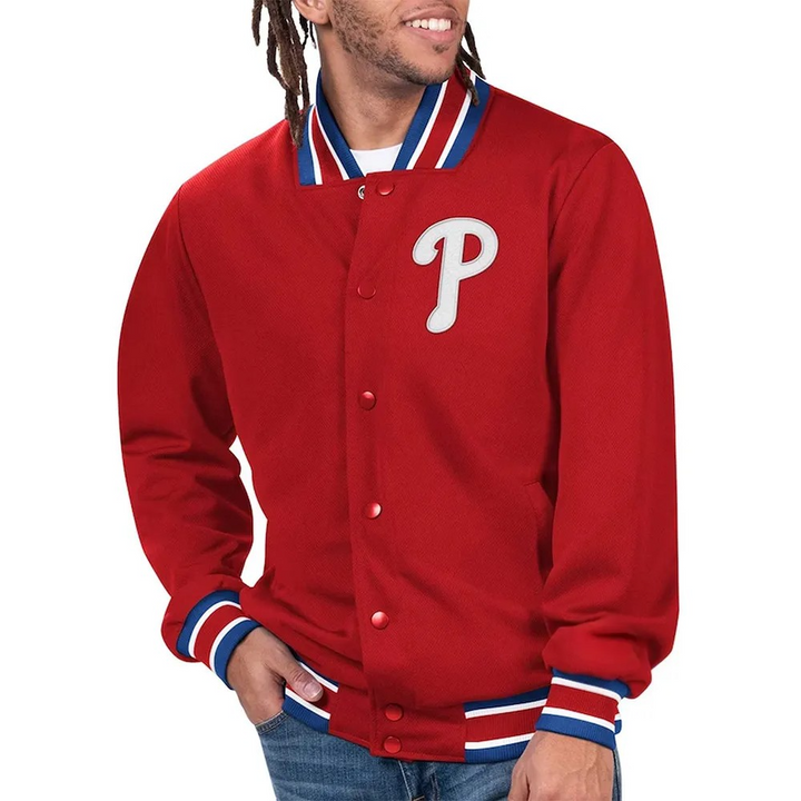 Red varsity jacket with a white 'P' logo worn by a person on a white background in USA