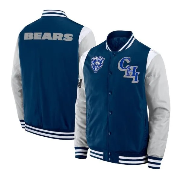 Chicago Bears navy and gray varsity jacket front

