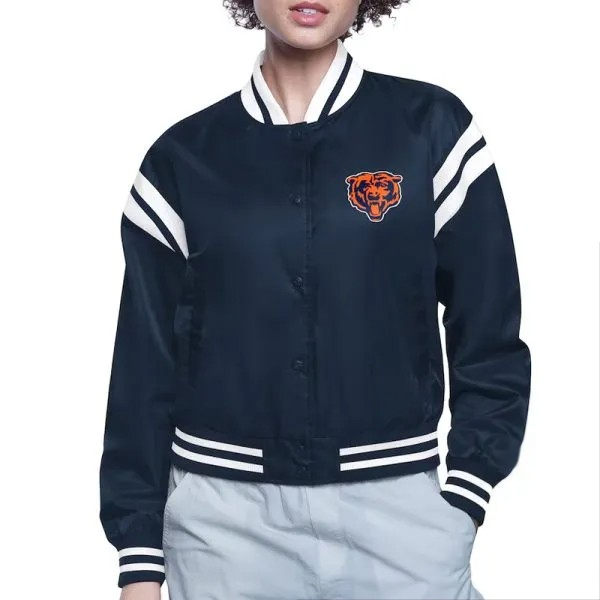Chicago Bears black satin varsity jacket front

