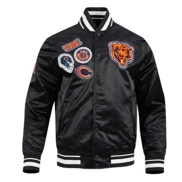 Chicago Bears pick stitch black satin jacket front view

