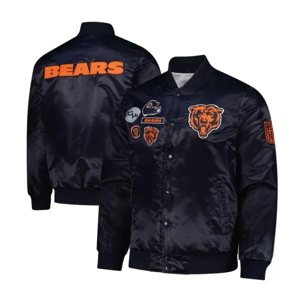 Chicago Bears exclusive navy satin varsity jacket front view

