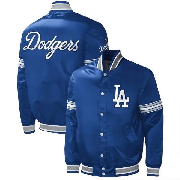 LA Dodgers midfield royal varsity satin jacket front view

