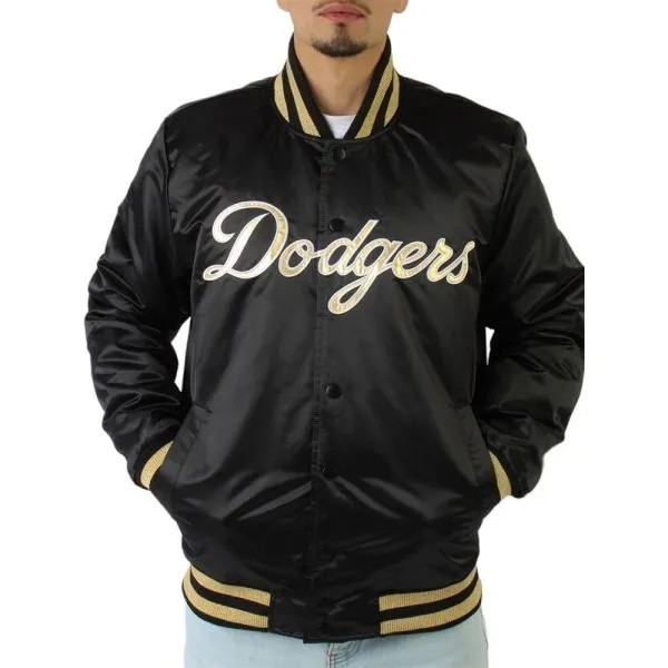 LA Dodgers gold patches black satin jacket front view

