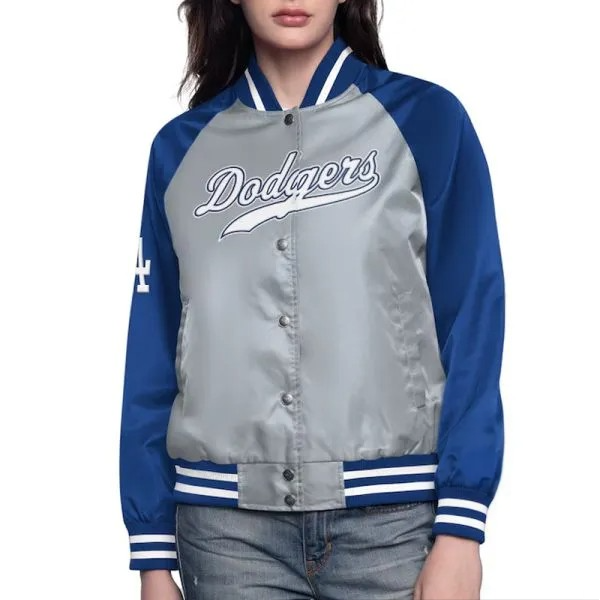 Gray and royal blue LA Dodgers varsity jacket front view

