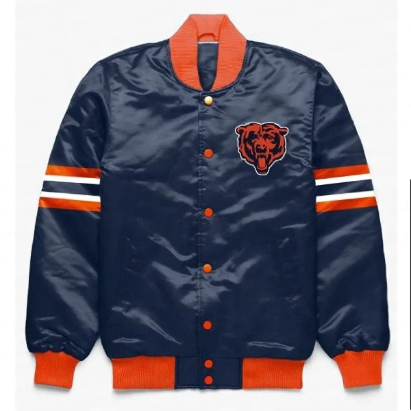 Front view of Chicago Bears button down satin jacket

