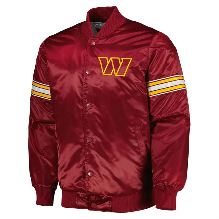 Satin burgundy Commanders NFL jacket front view


