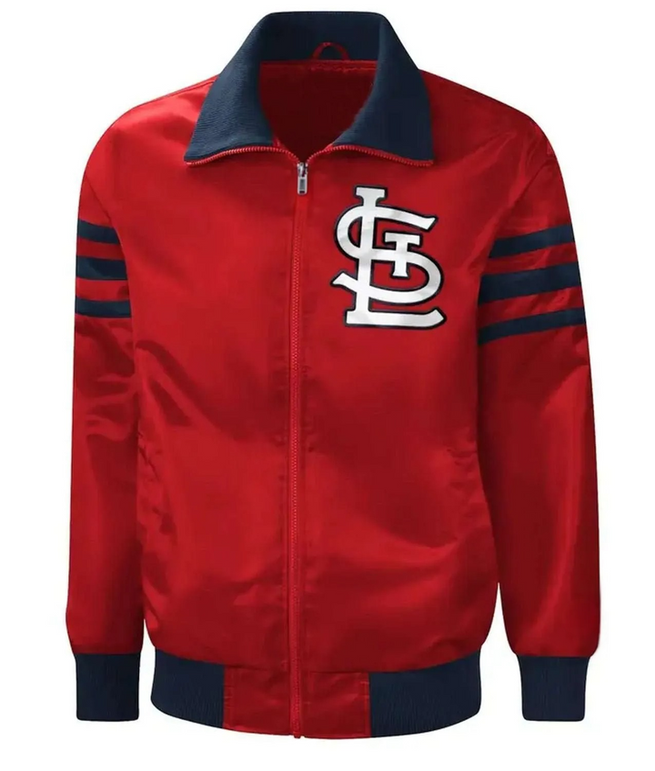 Red satin MLB jacket with Cardinals logo in USA