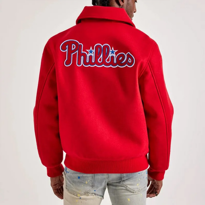 World Series Phillies jacket with bold graphic logos in American Style