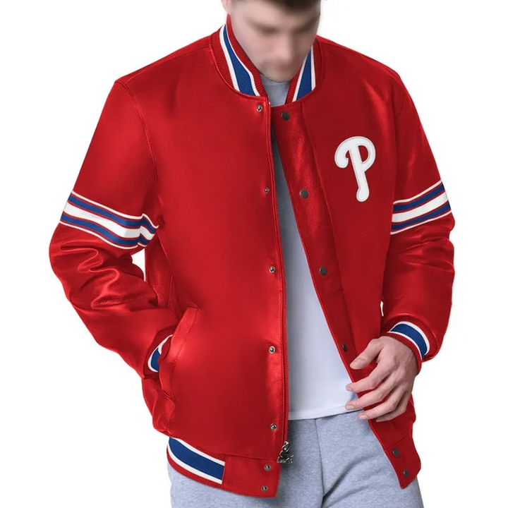 Philadelphia Phillies red varsity satin jacket front and back in USA