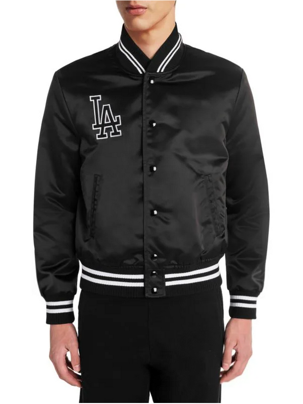 LA County Black Satin Varsity Bomber Jacket