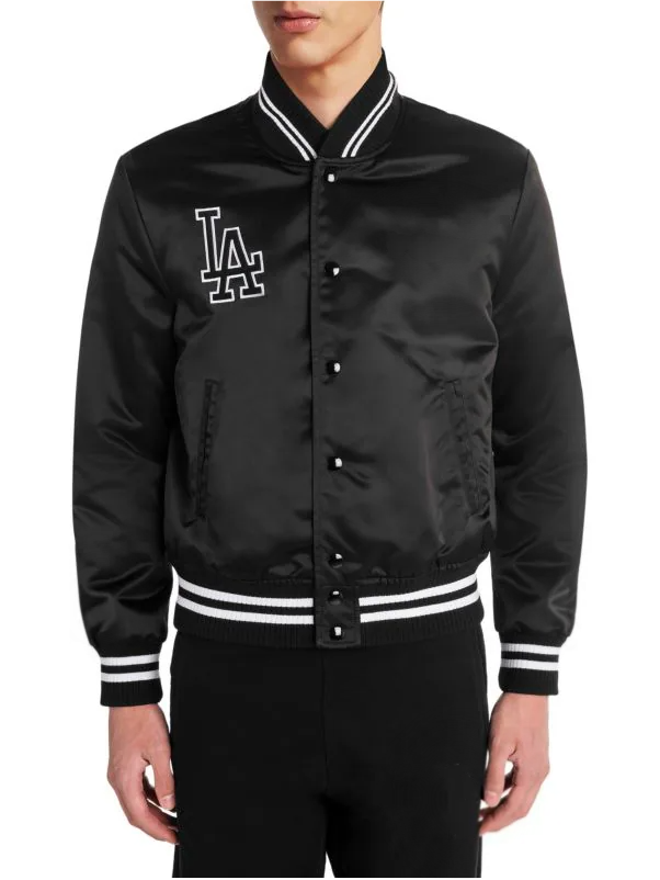 LA County Black Satin Varsity Bomber Jacket