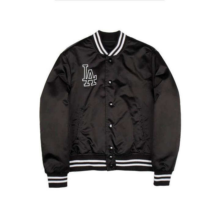 LA County Black Satin Varsity Bomber Jacket