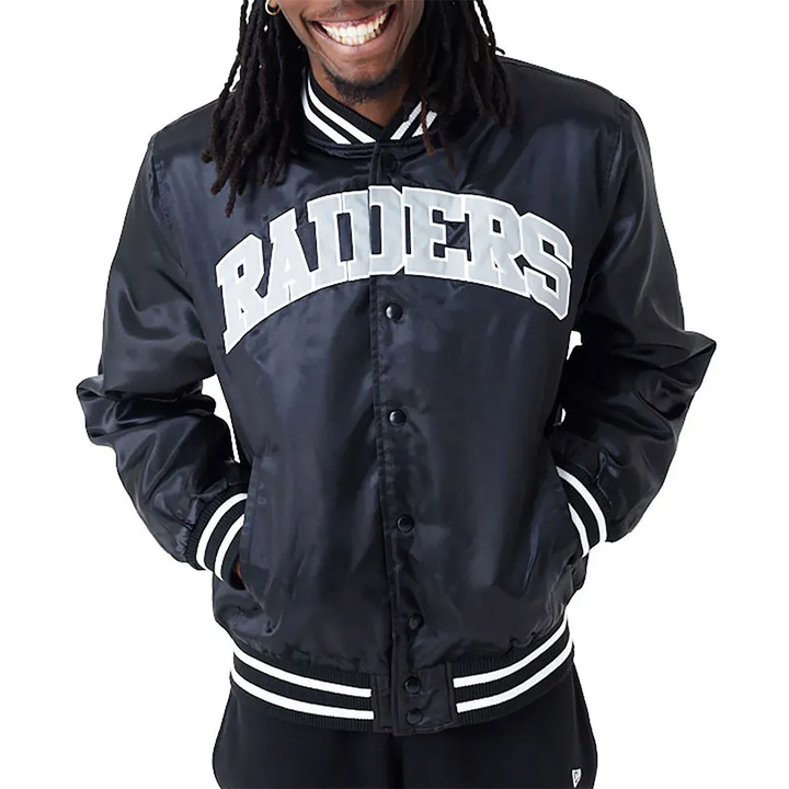 NFL Las Vegas Raiders black bomber satin jacket front view in USA