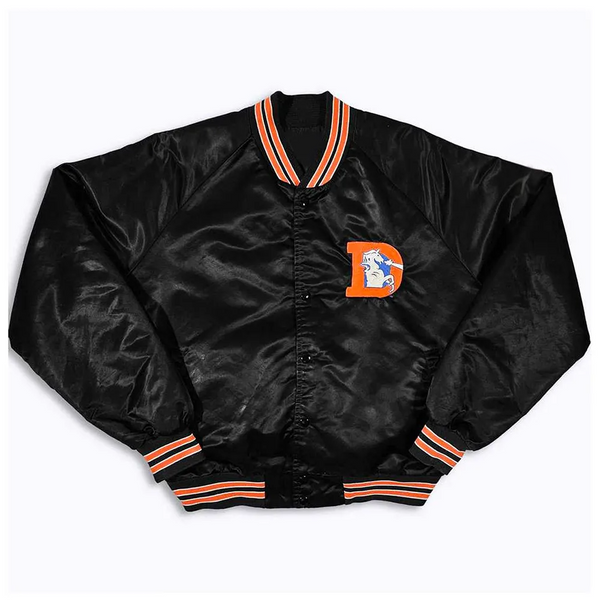 NFL 80's Denver Broncos black bomber jacket front view in USA