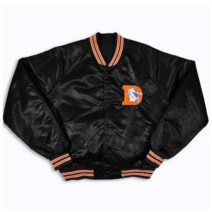NFL 80's Denver Broncos black bomber jacket front view in USA