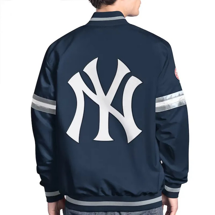 Navy and white satin Yankees varsity jacket

